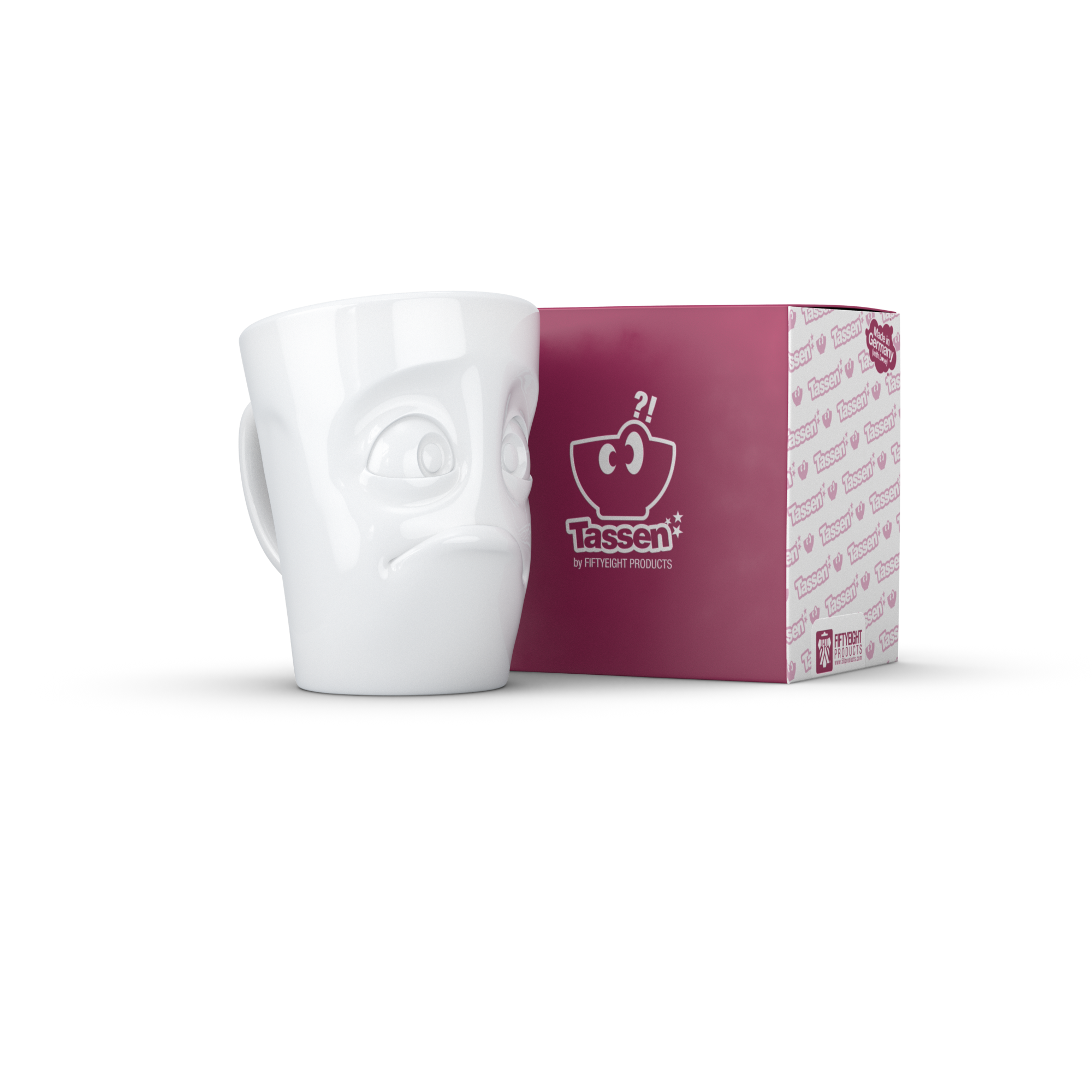 58products | Henkelbecher Verdutzt weiß 350 ml ideal für Milchkaffee + Kaffee + Tee + Kakao | Made in Germany von 58products