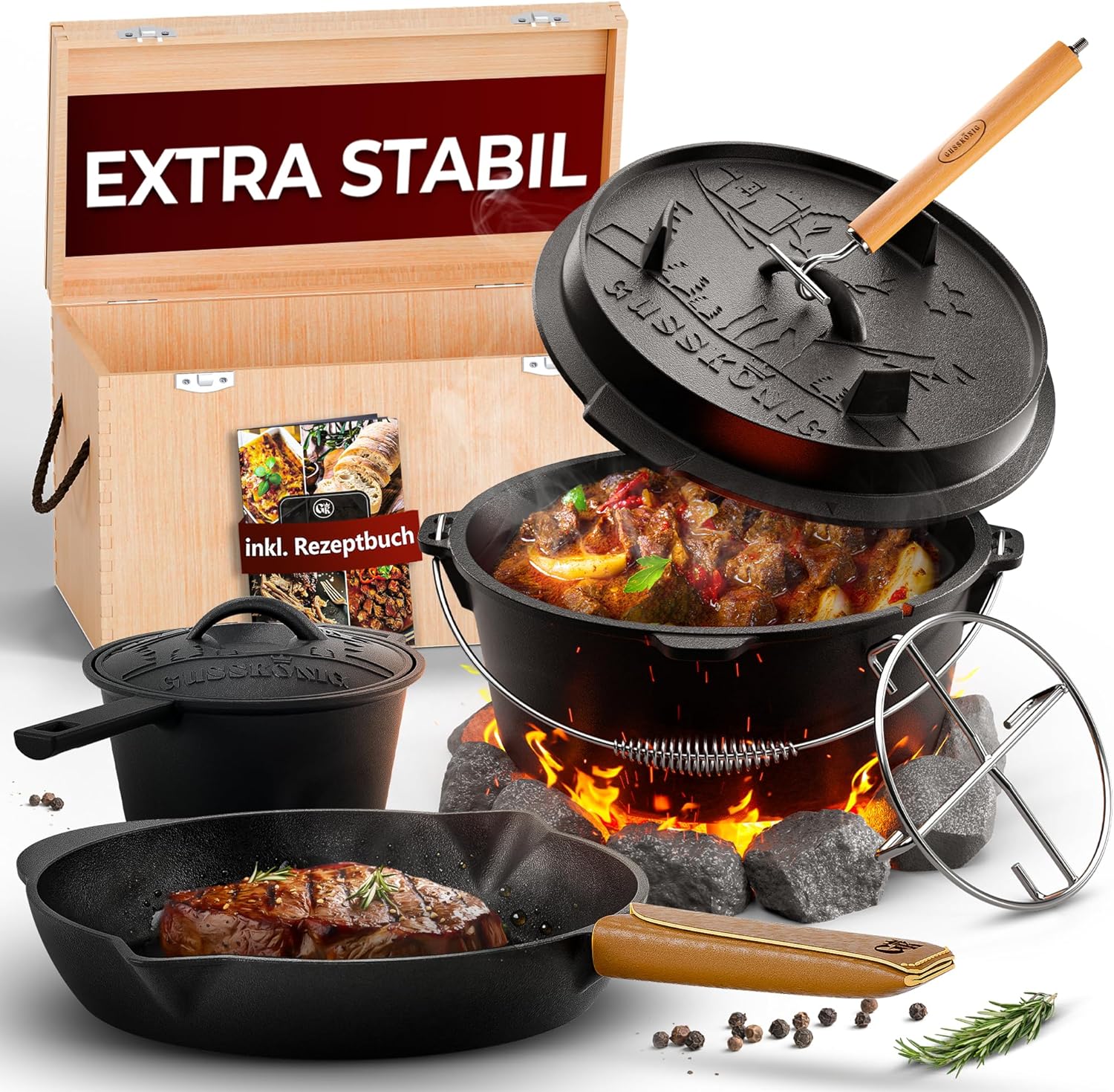 GUSSKÖNIG Dutch Oven Set 8-teilig - bereits eingebranntes Gusseisen Topf Set von GUSSKÖNIG GUSSKÖNIG Dutch Oven Set 8-teilig - bereits eingebranntes Gusseisen Topf Set von GUSSKÖNIG