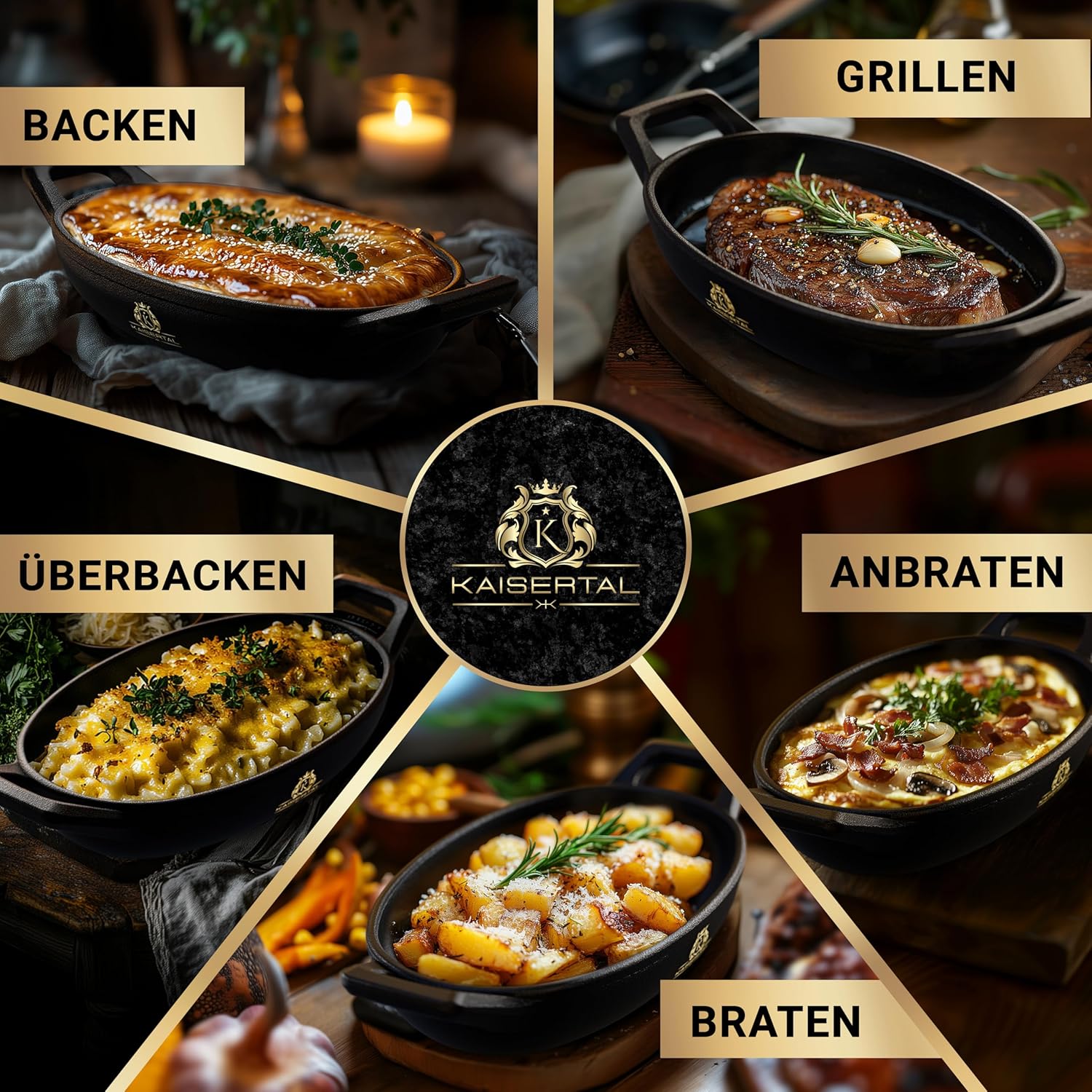 KAISERTAL 2er Set Servierpfanne Gusseisen Oval 15x10 cm - Pfanne mit 2 Griffen & Holzuntersetzer von KAISERTAL