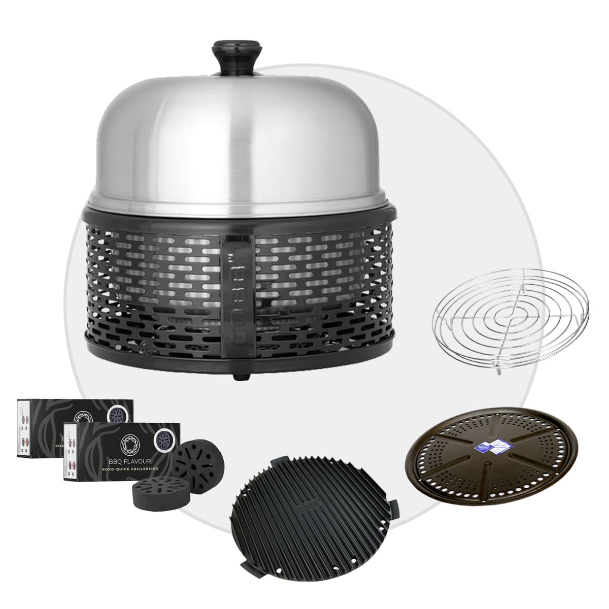 COBB PRO BLACK Holzkohle Grill inkl. Grillplatte ~ 5-teilig inkl. BBQ Flavour Quick Koko Briketts | SET 1