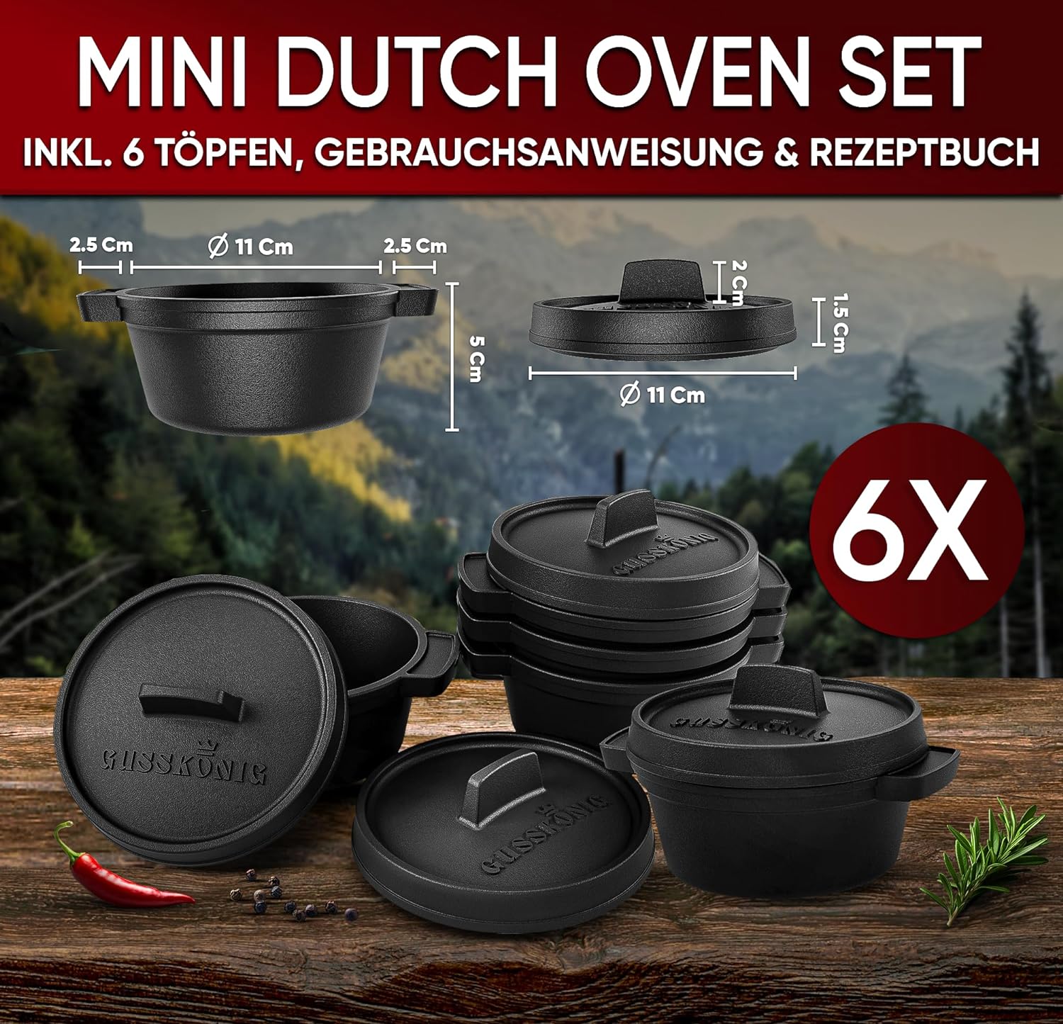 GUSSKÖNIG Dutch Oven Set Mini - 6x 250ml Gusseisen Mini Topf mit Deckel  von GUSSKÖNIG
