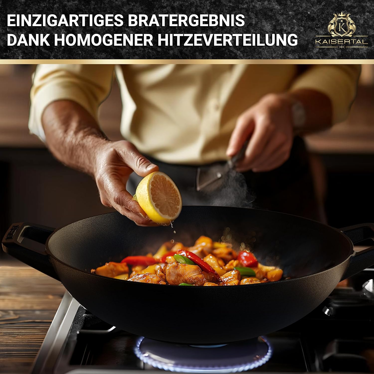 KAISERTAL Gusseisen Wok 33 cm Eingebrannt - ohne Glasdeckel von KAISERTAL