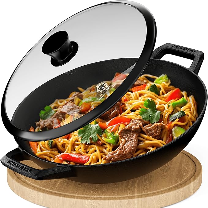 KAISERTAL Gusseisen Wok 32 cm Eingebrannt - mit Glasdeckel