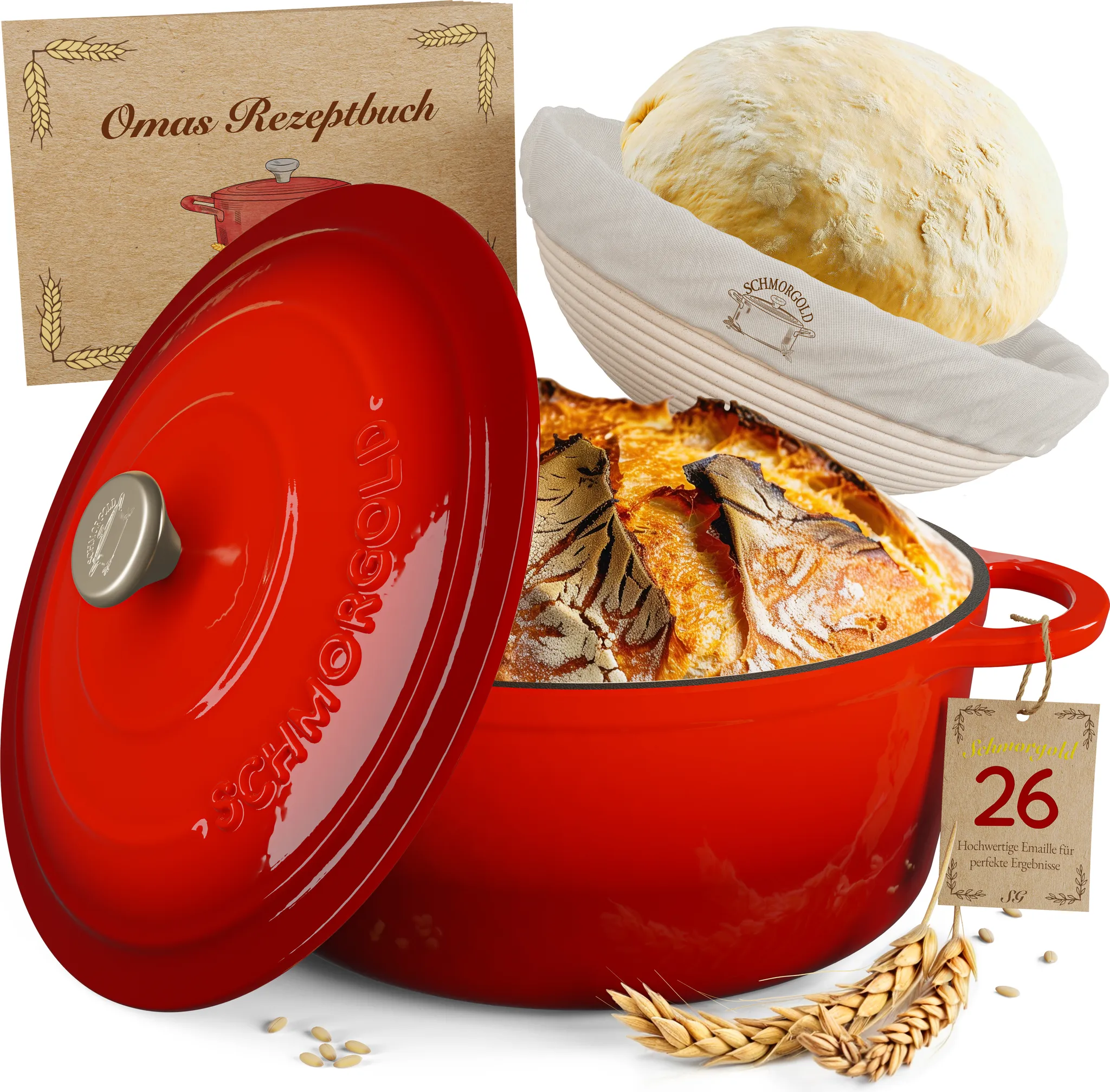 SCHMORGOLD Brotbacktopf & Schmortopf aus emailliertem Gusseisen & Gärkorb - 26 cm