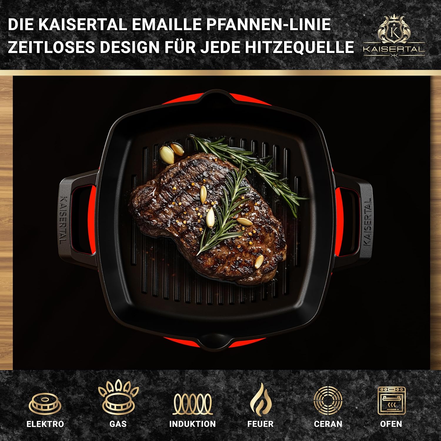 KAISERTAL Emaillierte Gusseisen Grillpfanne  26 cm - Quadratisch mit Doppelgriff von KAISERTAL