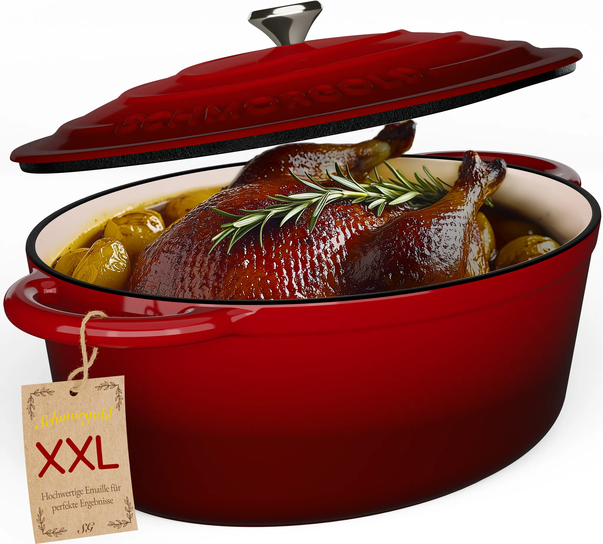 SCHMORGOLD Bräter XXL mit Deckel aus emailliertem Gusseisen oval - 37,5 cm - 9,8 Liter