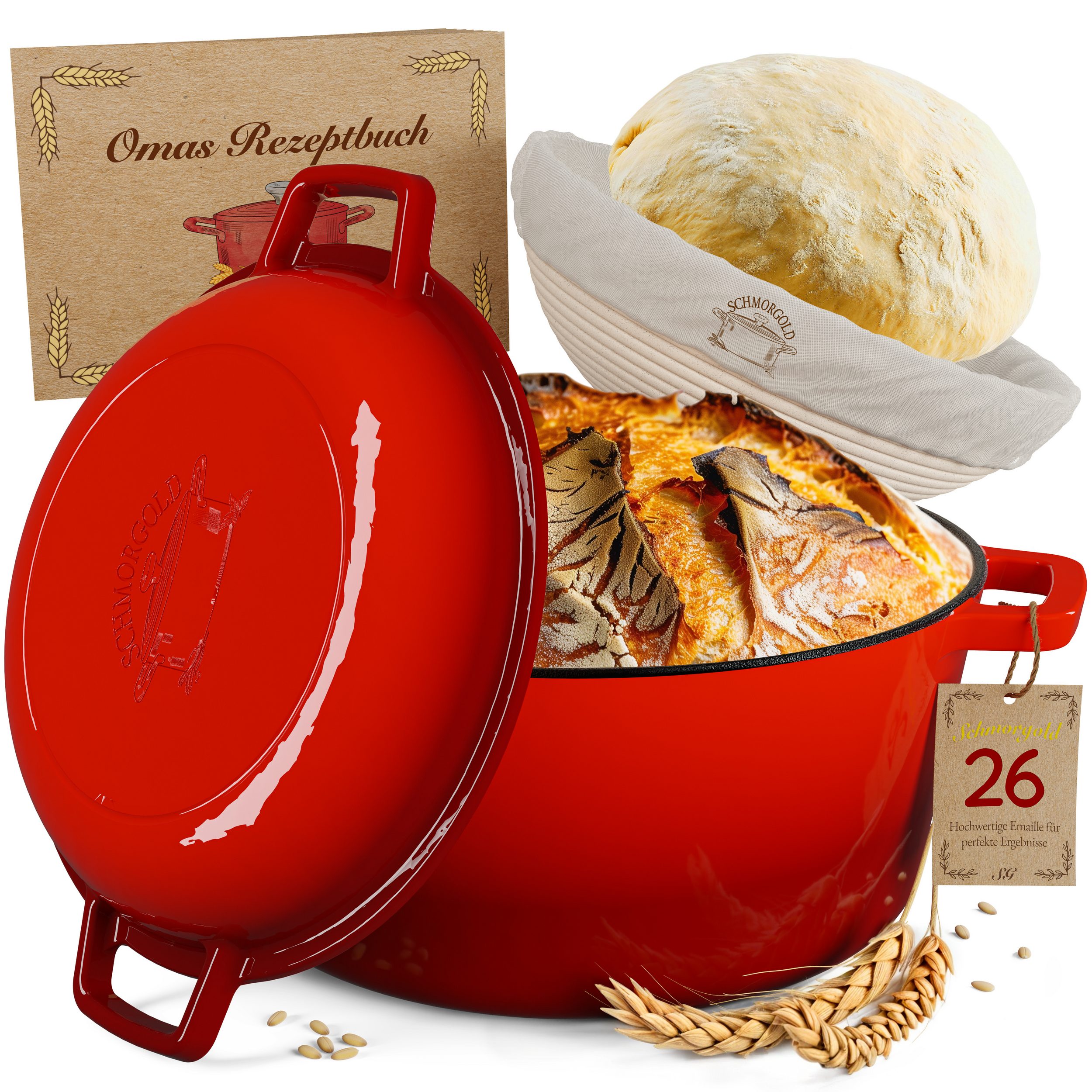 SCHMORGOLD Brotbacktopf & Schmortopf aus emailliertem Gusseisen & Gärkorb - 26 cm grifflos SCHMORGOLD Brotbacktopf & Schmortopf aus emailliertem Gusseisen & Gärkorb - 26 cm grifflos