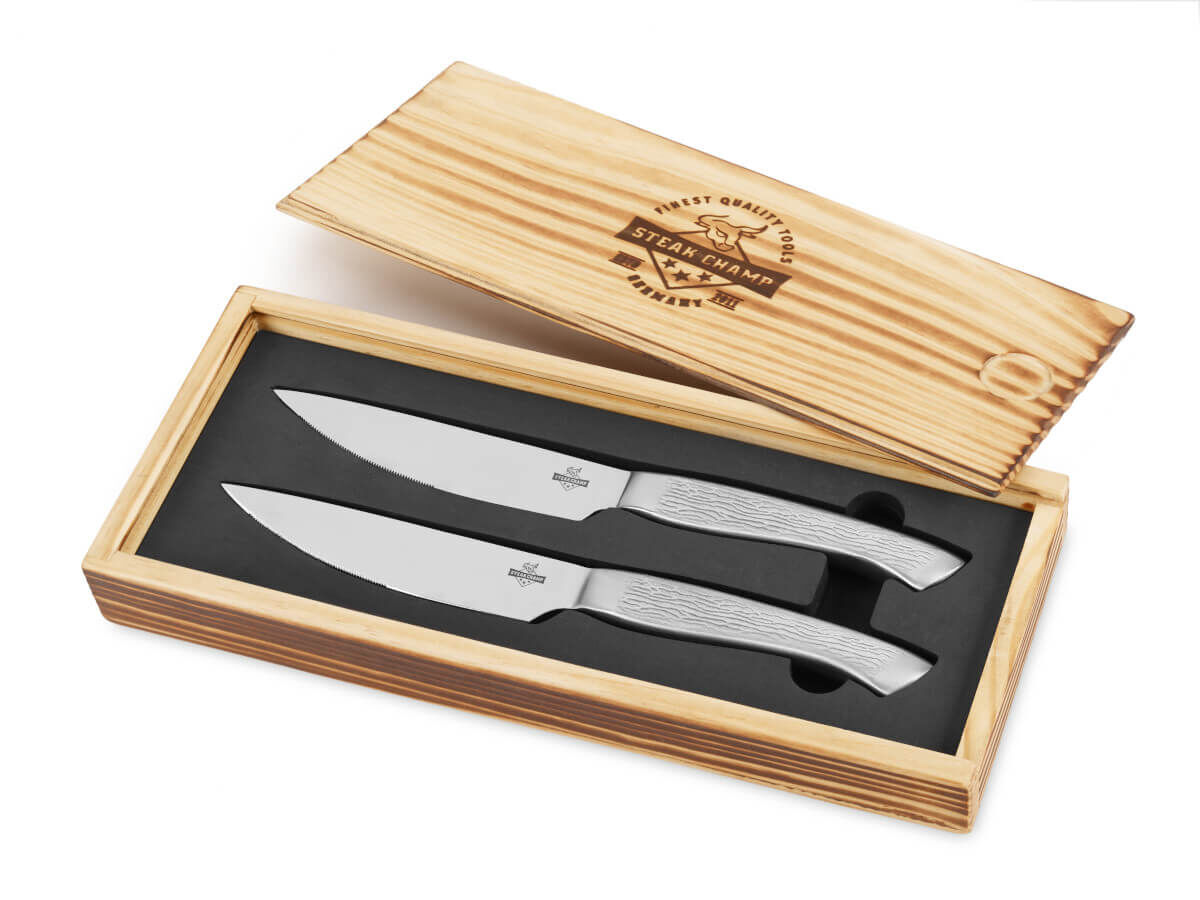 2er Set Edelstahl Steakmesser ~ Big Bull ~ in hochwertiger Vollholzbox von Steak Champ 2er Set Edelstahl Steakmesser ~ Big Bull ~ in hochwertiger Vollholzbox von Steak Champ