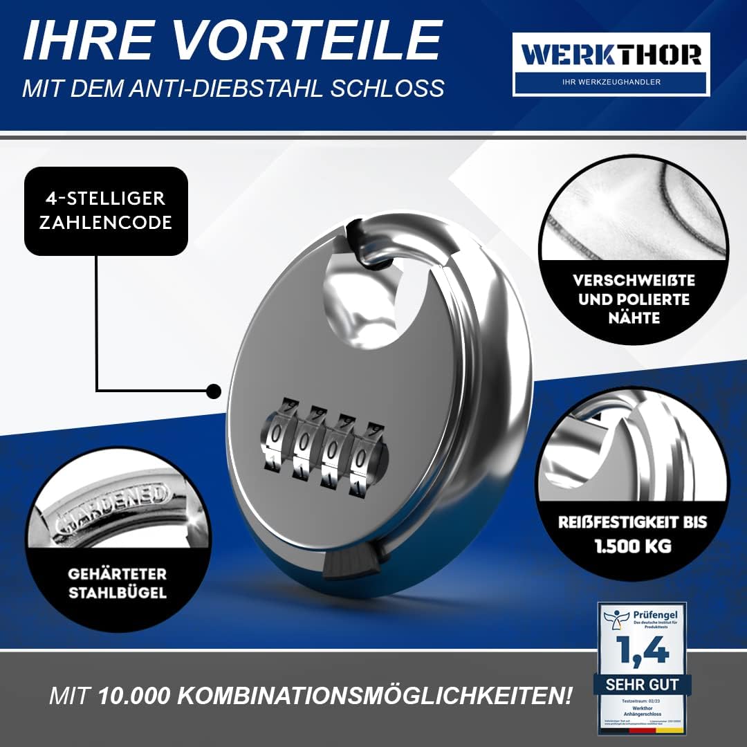 WERKTHOR Anhängerschloss | Kastenschloss | Diebstahlschutz | Silber mit Kombi-Schloss von WERKTHOR WERKTHOR Anhängerschloss | Kastenschloss | Diebstahlschutz | Silber mit Kombi-Schloss von WERKTHOR