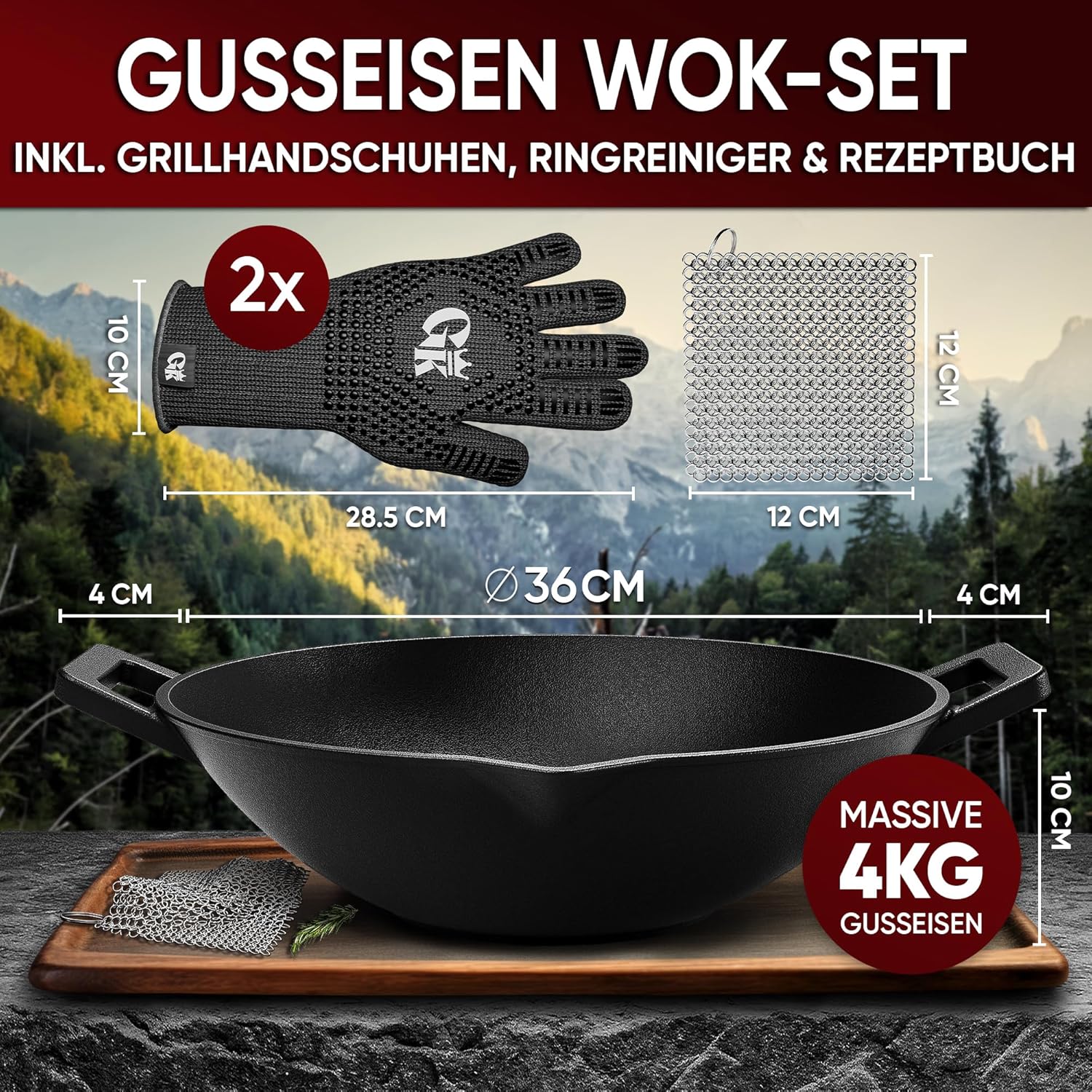 GUSSKÖNIG Gusseisen Wok Pfanne - 36 cm robuste Wokpfanne inklusive Edelstahl Ringreiniger & Grillhandschuhe von GUSSKÖNIG