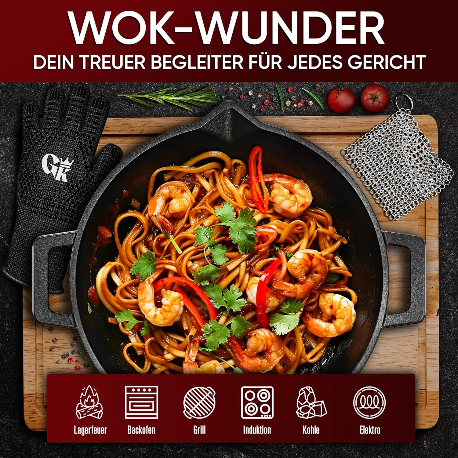 GUSSKÖNIG Gusseisen Wok Pfanne - 36 cm robuste Wokpfanne inklusive Edelstahl Ringreiniger & Grillhandschuhe von GUSSKÖNIG