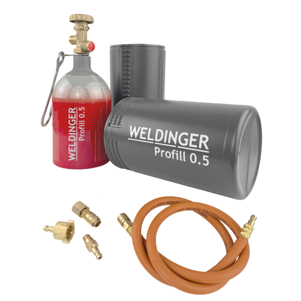 WELDINGER befüllbare Aluminium-Propanflasche Profill 0.5 inkl. Umfüllschlauch, Schnellkupplungen und Haken zum Einhängen von HUW24