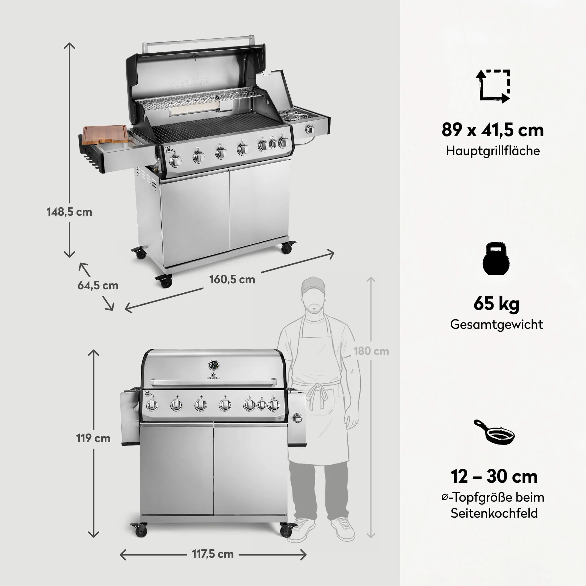 BURNHARD Fat FRED Deluxe Gasgrill 6 Brenner Series 4 Edelstahl Grill mit Gusseisen Grillrost Maximale BBQ Power 27,2 kW XXL Grillfläche von BURNHARD