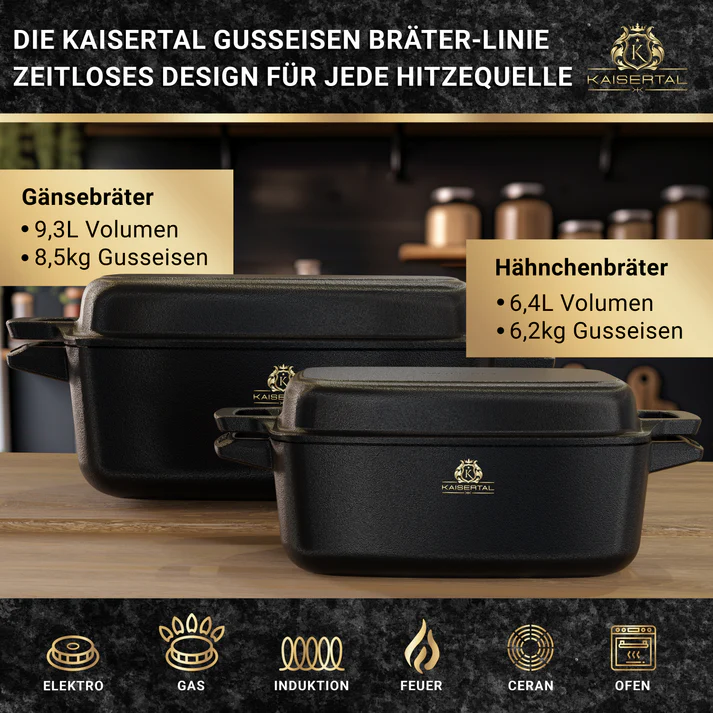 KAISERTAL Gusseisen Bräter 28 cm mit Deckel 6 Liter - Eingebrannt von KAISERTAL