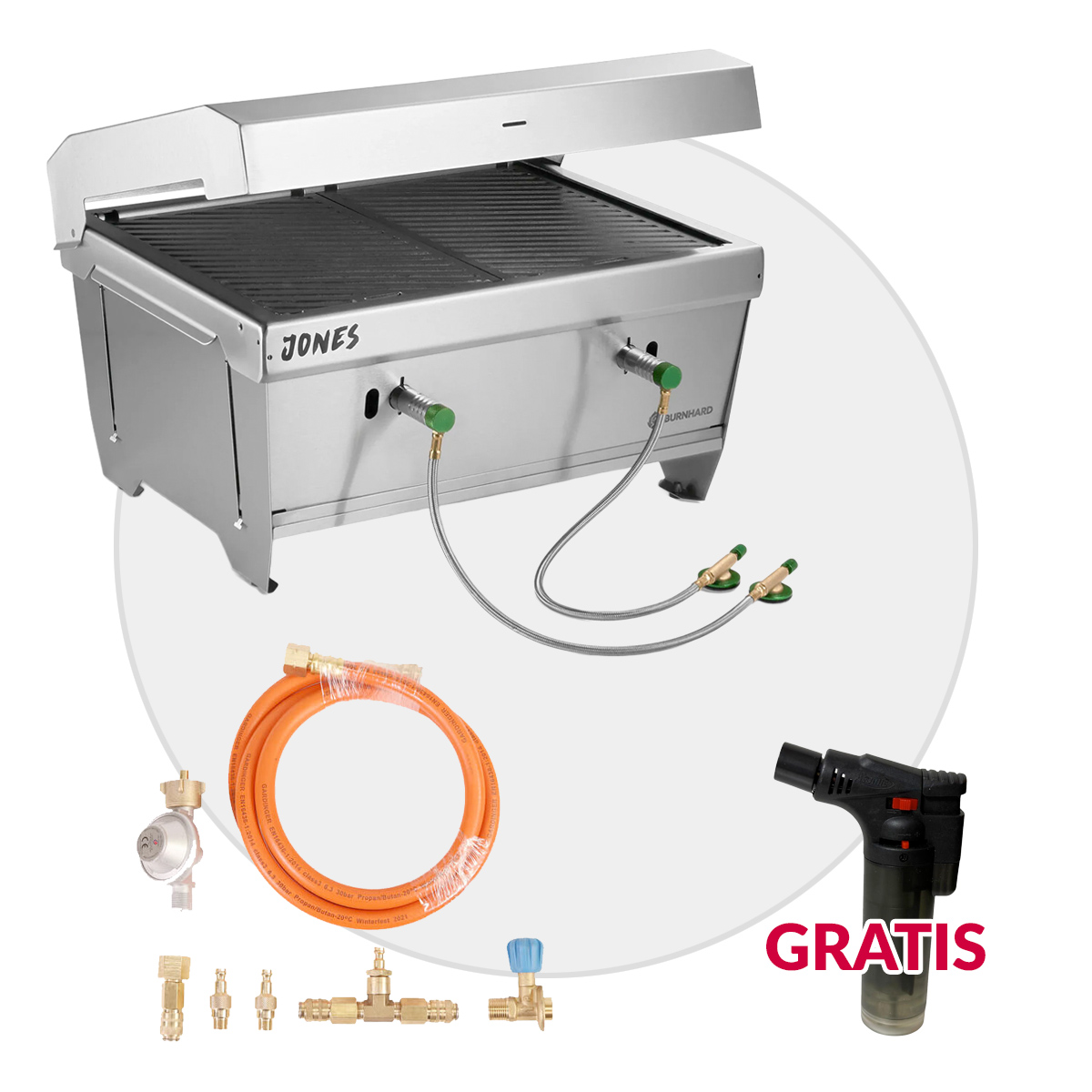 BURNHARD JONES Campinggrill 2 Brenner für flexibles Grillen unterwegs + Anschlussset 1,3m Adapterschlauch mit Schnellkupplung