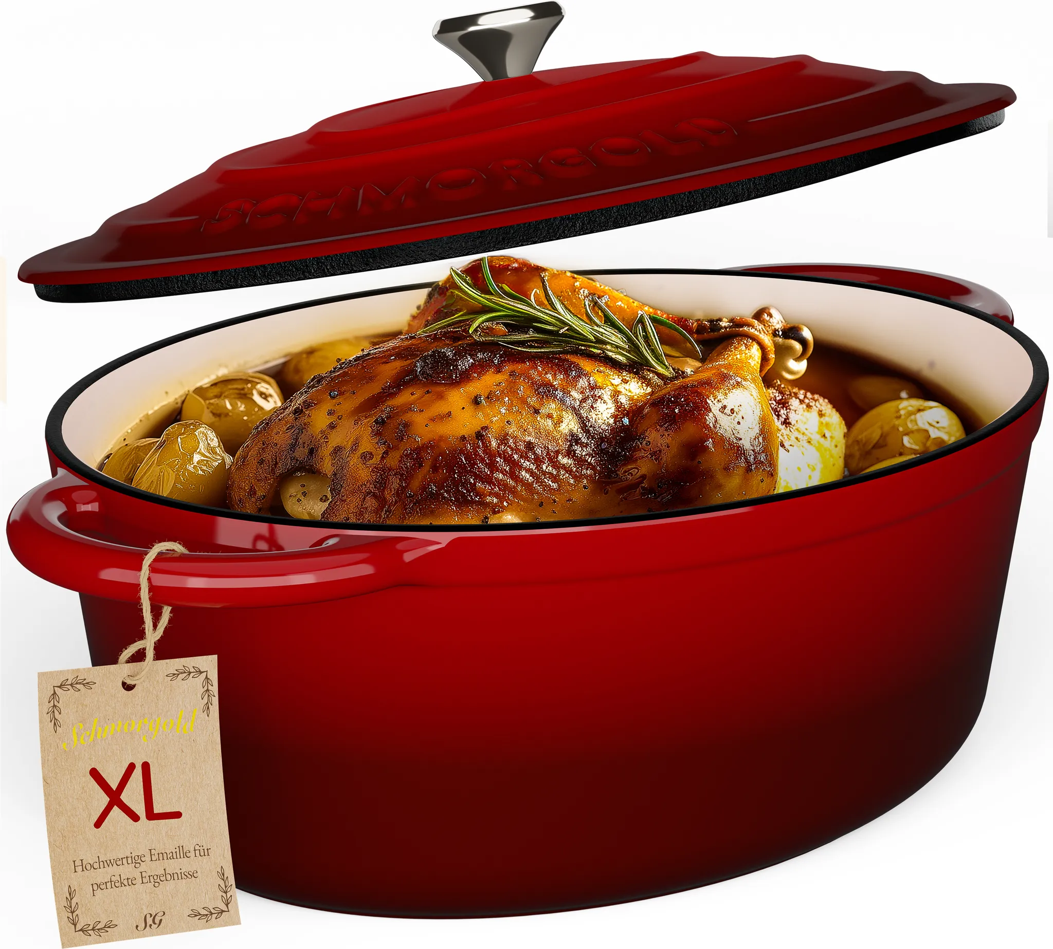 SCHMORGOLD Bräter XL mit Deckel aus emailliertem Gusseisen oval - 33 cm - 6 Liter