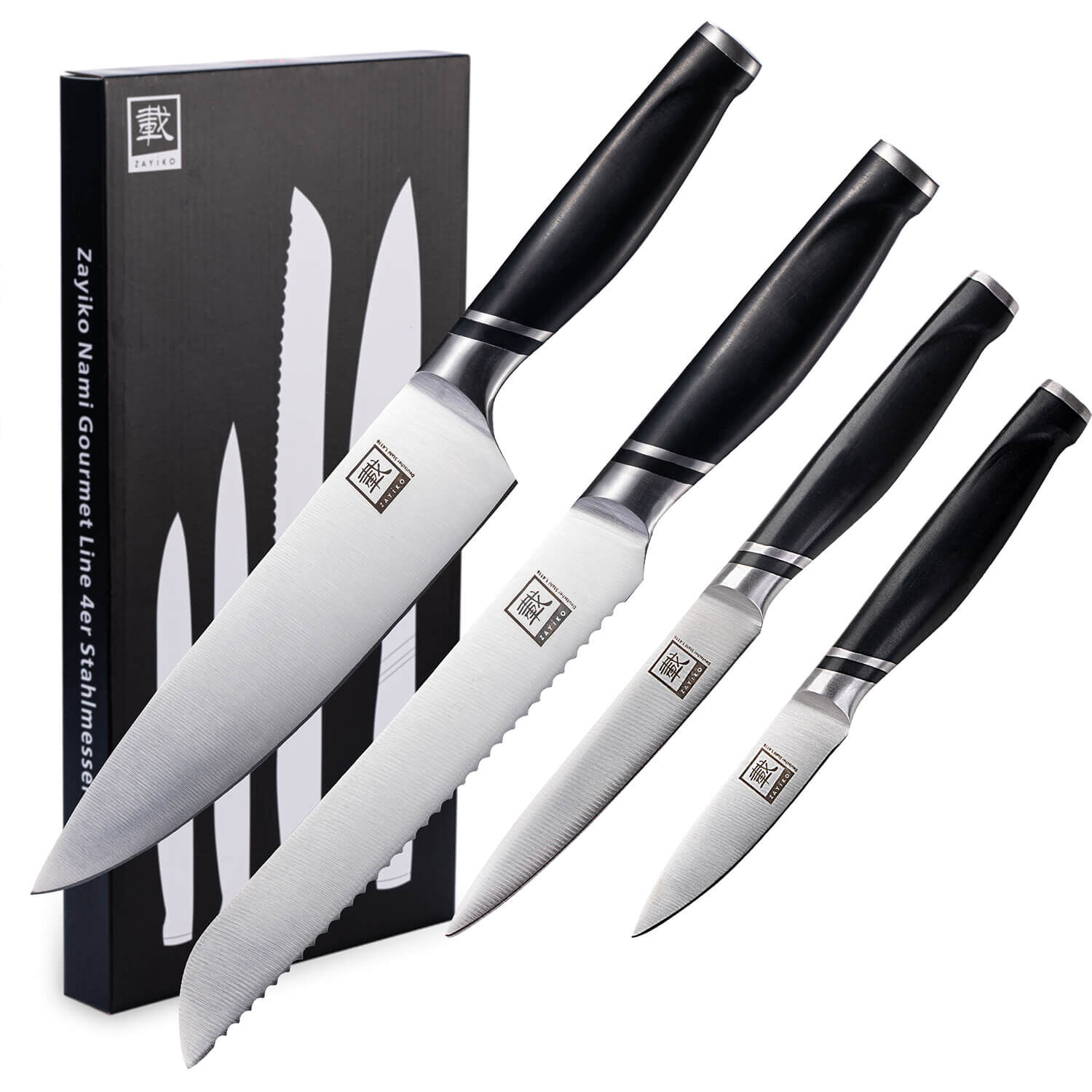 Zayiko NAMI Serie 4er Messer-Set 8,50 cm bis 20,50 cm | Deutscher Edelstahl | Ergonomischer ABS Grif von Zayiko Zayiko NAMI Serie 4er Messer-Set 8,50 cm bis 20,50 cm | Deutscher Edelstahl | Ergonomischer ABS Grif von Zayiko