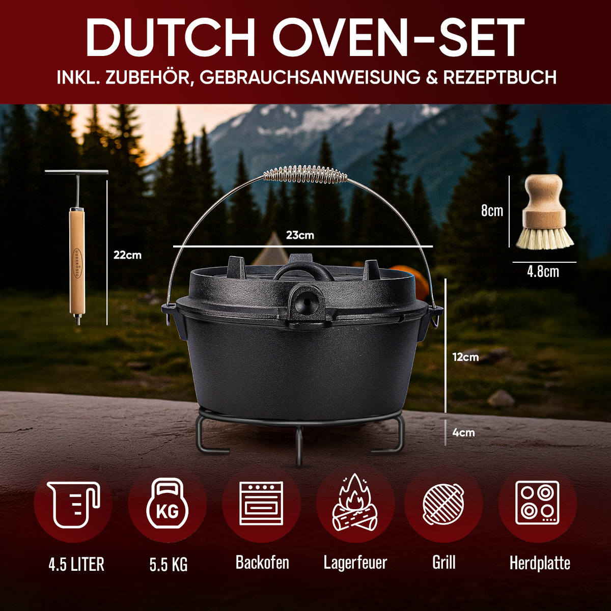 GUSSKÖNIG 4,5 Liter Dutch Oven Set ohne Füße | Eingebrannter Feuertopf | 2in1 Deckelheber | Bürste von GUSSKÖNIG