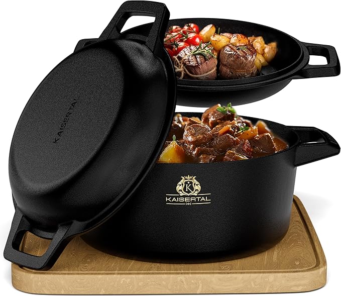 KAISERTAL Gusseisen Topf - 2-in-1 Schmortopf 26 cm mit Deckel 6,4 Liter - Eingebrannt