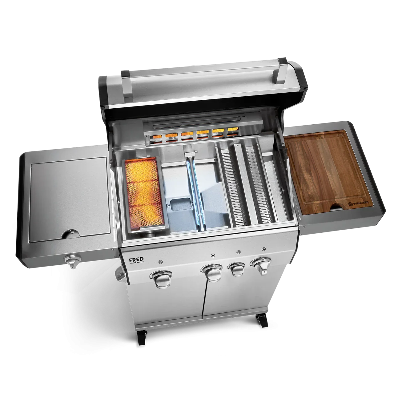 BURNHARD FRED Deluxe Gasgrill 3-Brenner in der Farbe Edelstahl mit Gusseisenrost von BURNHARD