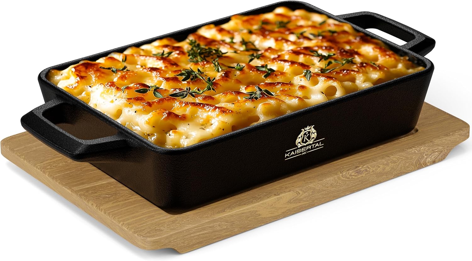 KAISERTAL Servierpfanne Gusseisen Quadratisch 16x11 cm - Pfanne mit 2 Griffen & Holzuntersetzer von KAISERTAL
