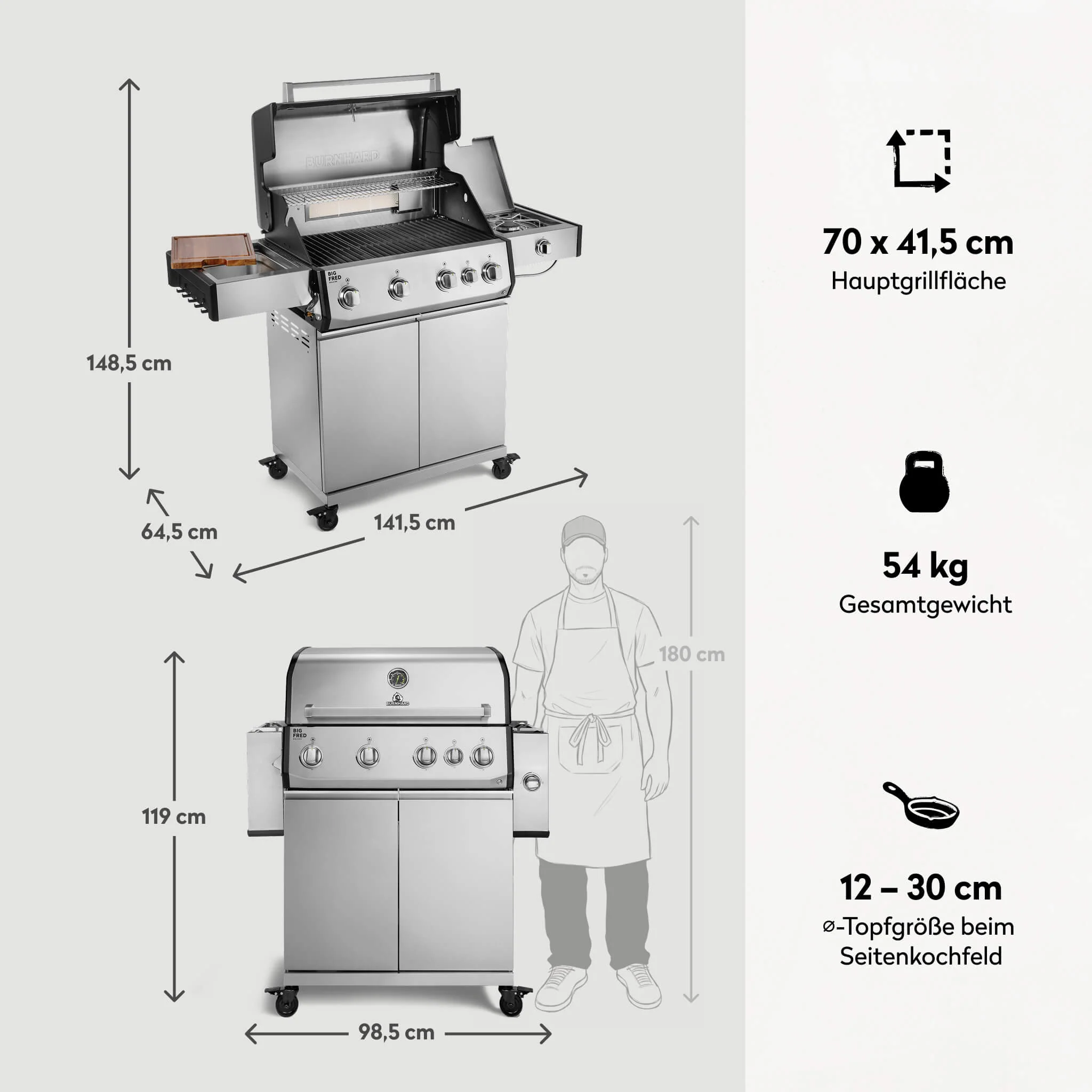 BURNHARD Big FRED Deluxe Gasgrill 4 Brenner Series 4 Edelstahl Grill mit Gusseisen Grillrost Maximale BBQ Power 21,2 kW Premium Ausstattung von BURNHARD