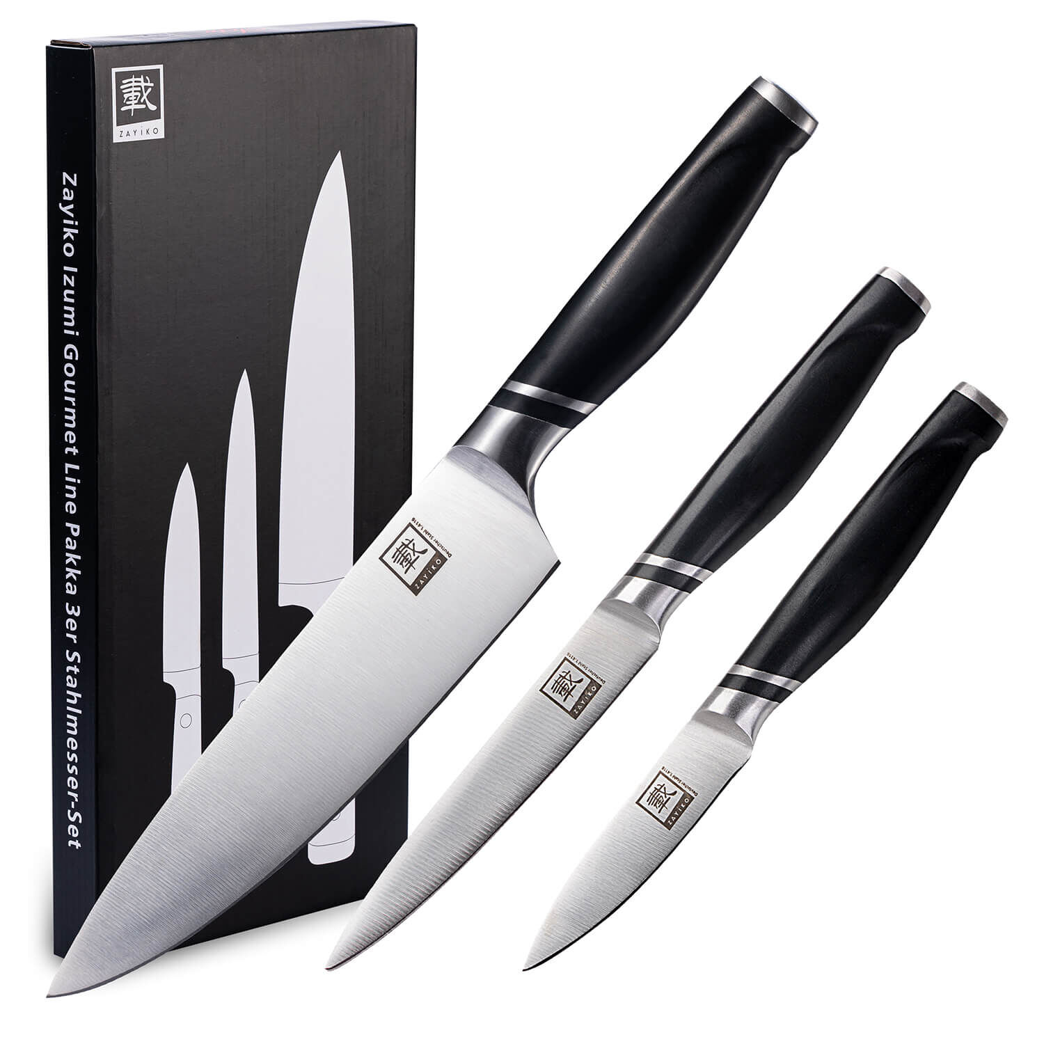 Zayiko NAMI Serie 3er Messer-Set 8,50 cm - 20,00 cm | Deutscher Edelstahl | Ergonomischer ABS Griff