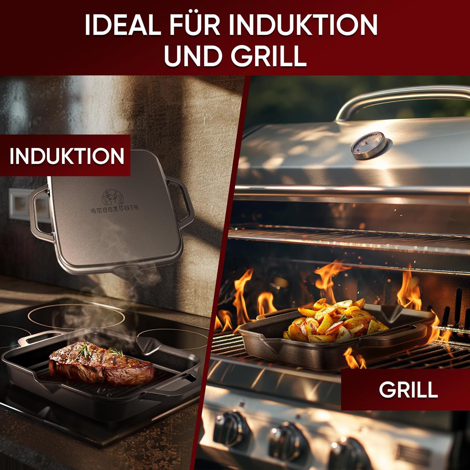 GUSSKÖNIG 26cm quadratische Gusseisenpfanne Pfanne Gusseisen - Grillpfanne Induktion von GUSSKÖNIG