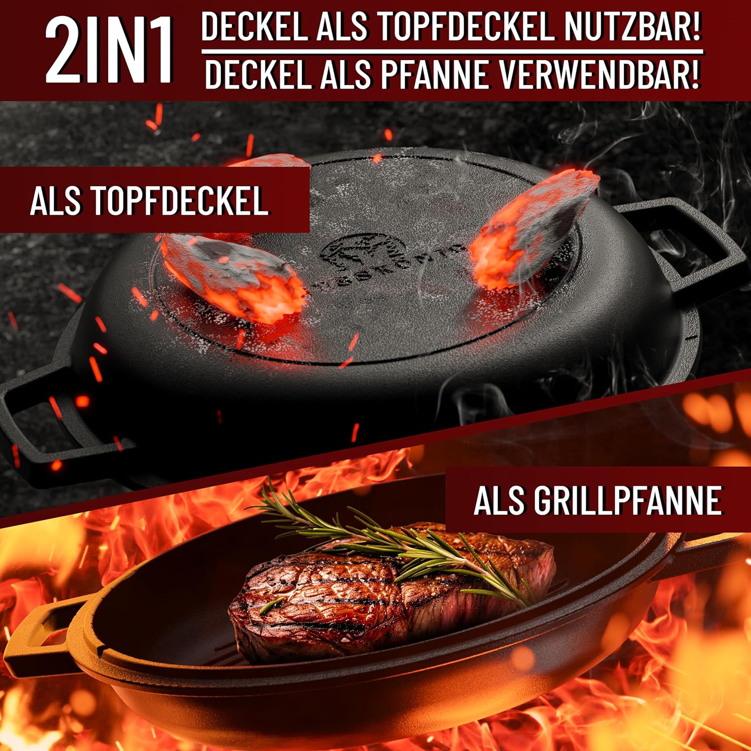 GUSSKÖNIG Dutch Oven - 2in1 Eingebrannter Gusseisen Topf 4,8L & Gusspfanne 1,8L von GUSSKÖNIG