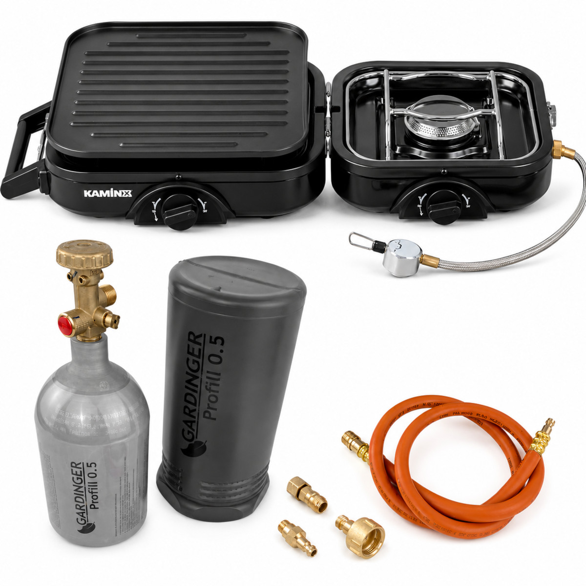 KAMINX Camping Gaskocher PB78 mit Grillplatte und Profill 0,5 l Propanflasche Komplettset von KAMINX