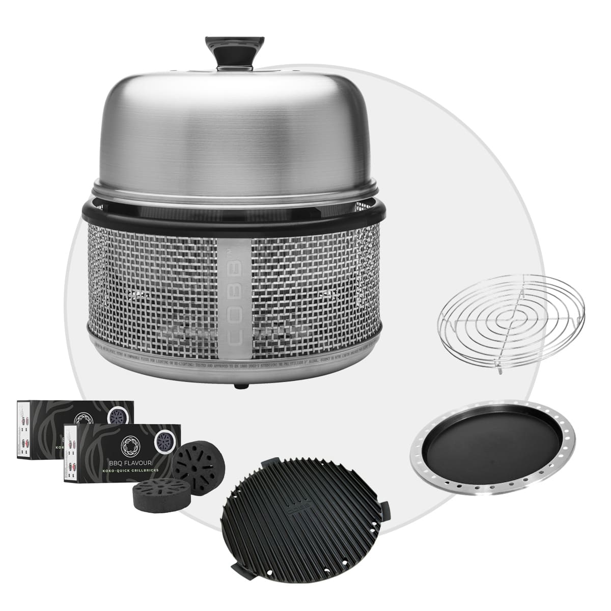 COBB Premier AIR DELUXE Grill inkl. Air Deckel & Griddle & Bratenrost & Pfanne & BBQ Flavour Quick Koko Briketts