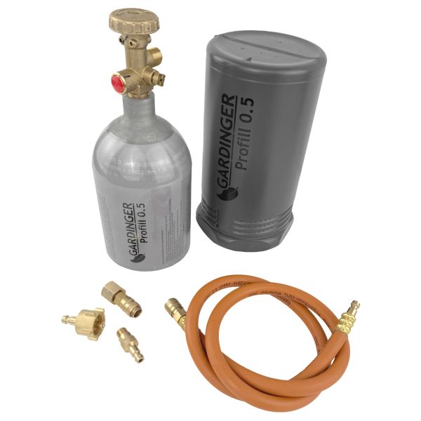 Befüllbare Aluminium Propanflasche Profill 0.5 + Umfüllschlauch + Schnellkupplungen - 2026er Prüfstempel