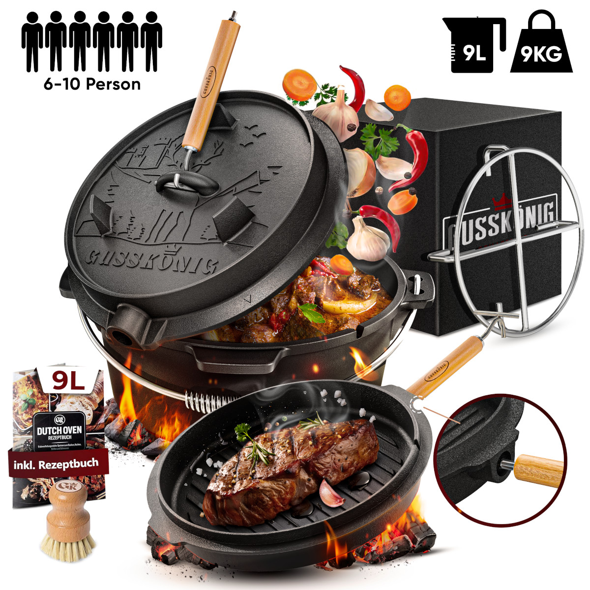 GUSSKÖNIG 9 Liter Dutch Oven Set ohne Füße mit 2in1 Deckelheber GUSSKÖNIG 9 Liter Dutch Oven Set ohne Füße mit 2in1 Deckelheber