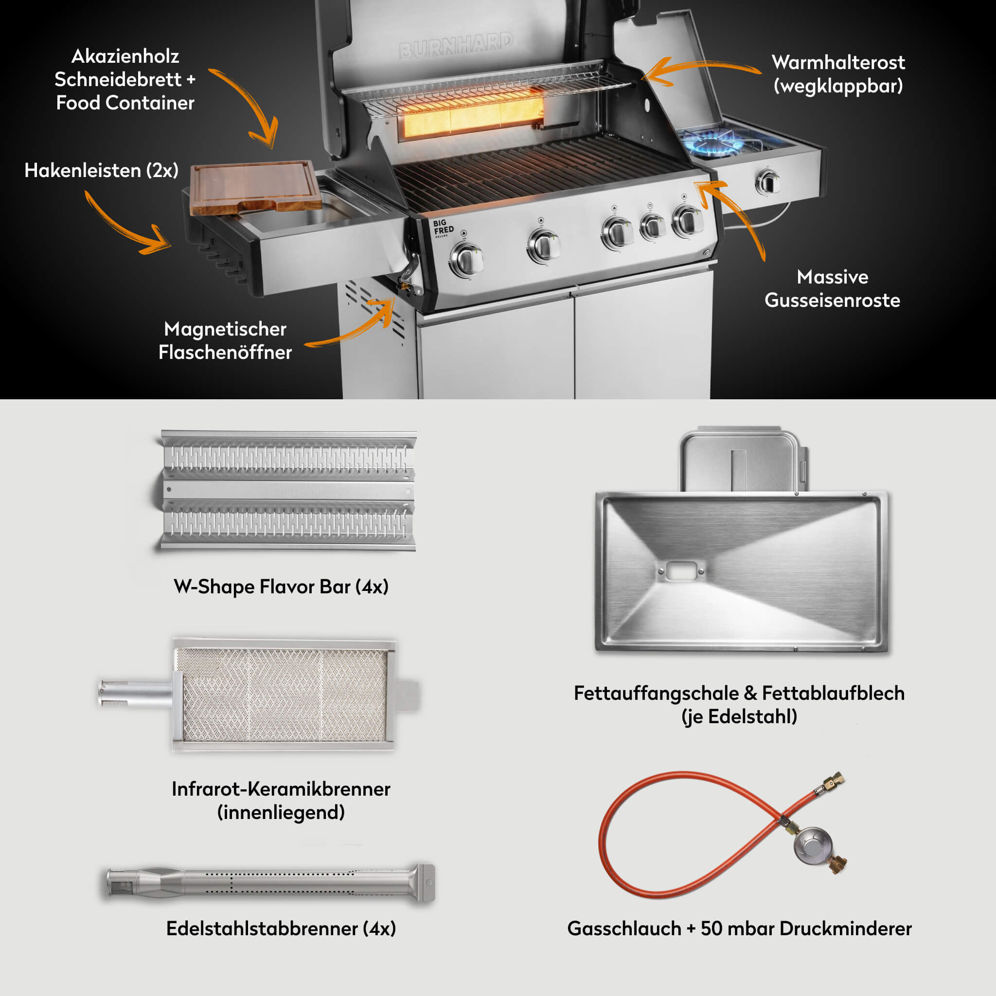 BURNHARD Big FRED Deluxe Gasgrill 4 Brenner Series 4 Edelstahl Grill mit Gusseisen Grillrost Maximale BBQ Power 21,2 kW Premium Ausstattung von BURNHARD