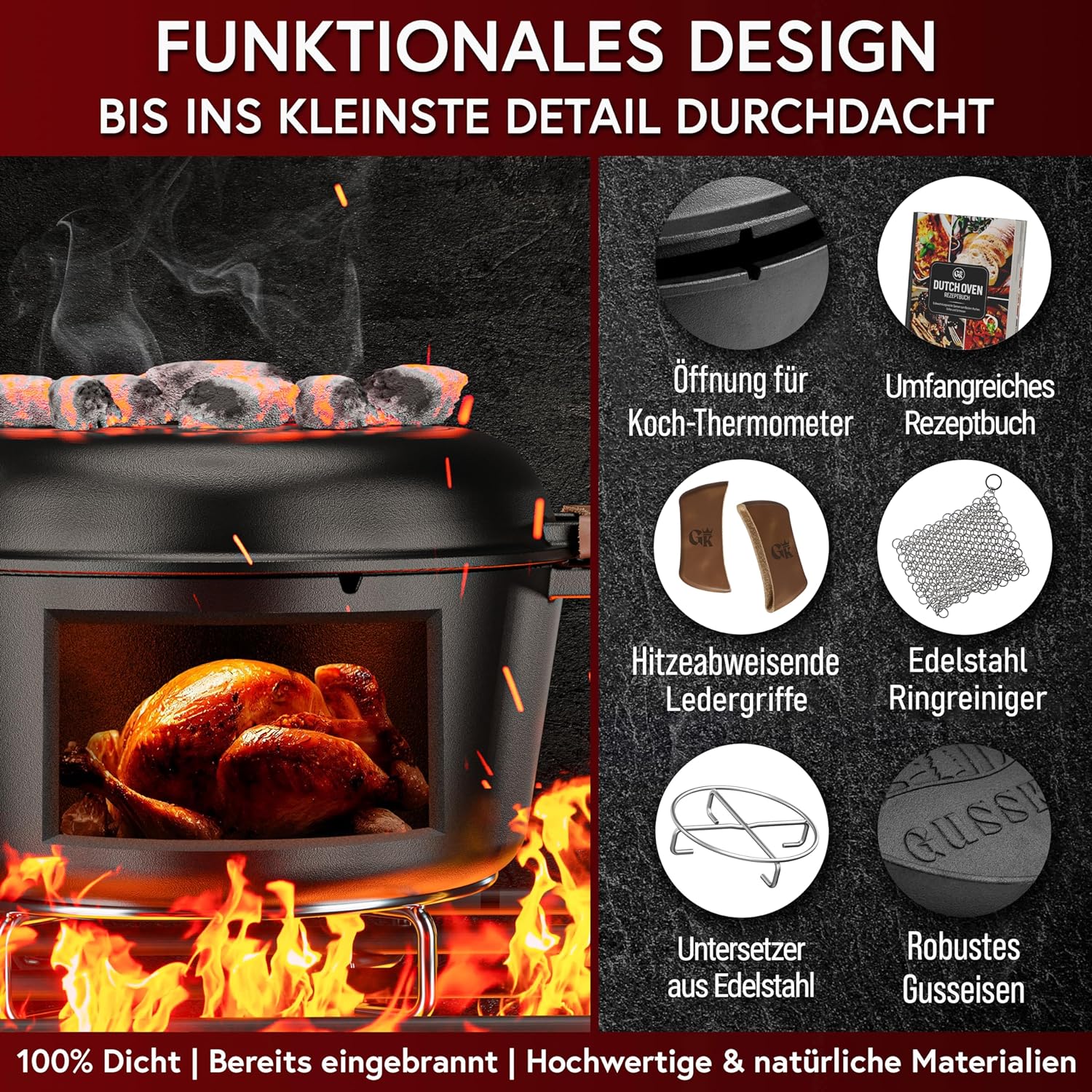 GUSSKÖNIG Dutch Oven - 2in1 Eingebrannter Gusseisen Topf 4,8L & Gusspfanne 1,8L von GUSSKÖNIG
